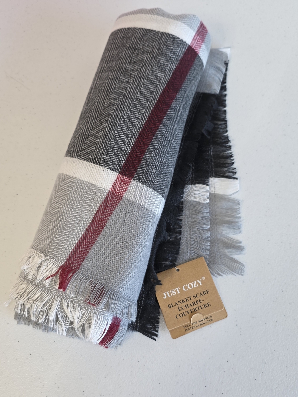 Just Cozy Gray Plaid Blanket Scarf with Burgundy Accent